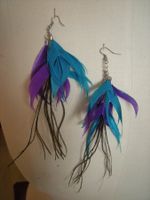Boucles d'oreilles plumes turquoise et violettes fantaisi...