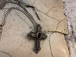 Vintage Collier Silber mit Kreuzanhänger und Granat