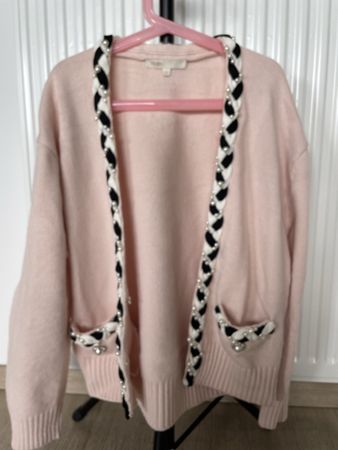 Maje Pink Wool-Blend Cardigan – Pearl & Rhinestone Details
