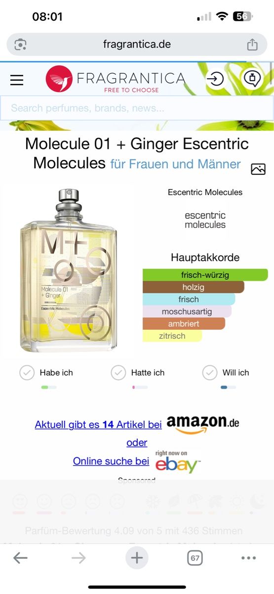 Parfums & Eau de Toilette: Escentric Molecules Molecule 01 + Ginger, 2 ml – D'occasion à Sursee par nri_g5z8 1