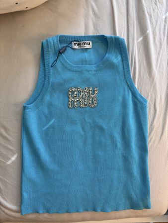 Miu Miu Tanktop blau mit Strass-Logo