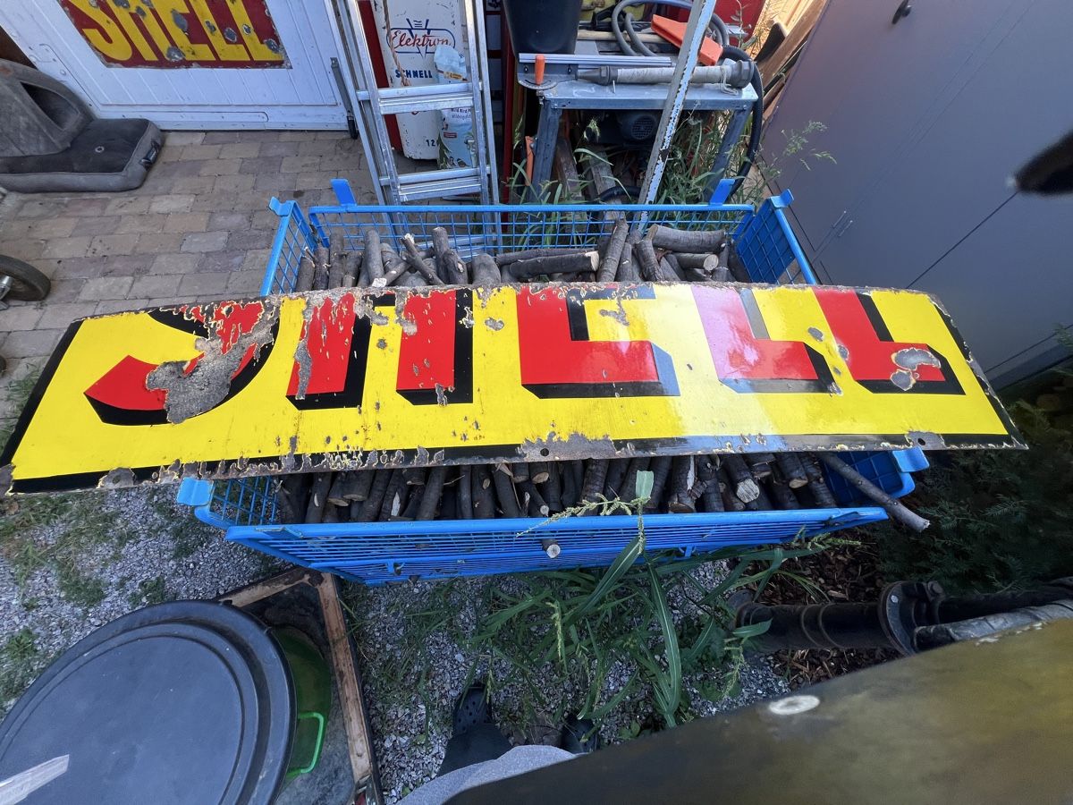 Shell Insegne: Shell Schild alt Emaill Werbeschild Tank – Usato da Mellingen venduto da Oelquelle