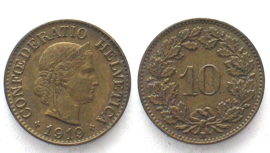 Tutti le monete: CH 10 Rappen 1919 Messing vz – Usato da Riehen venduto da sesambestcoins2004