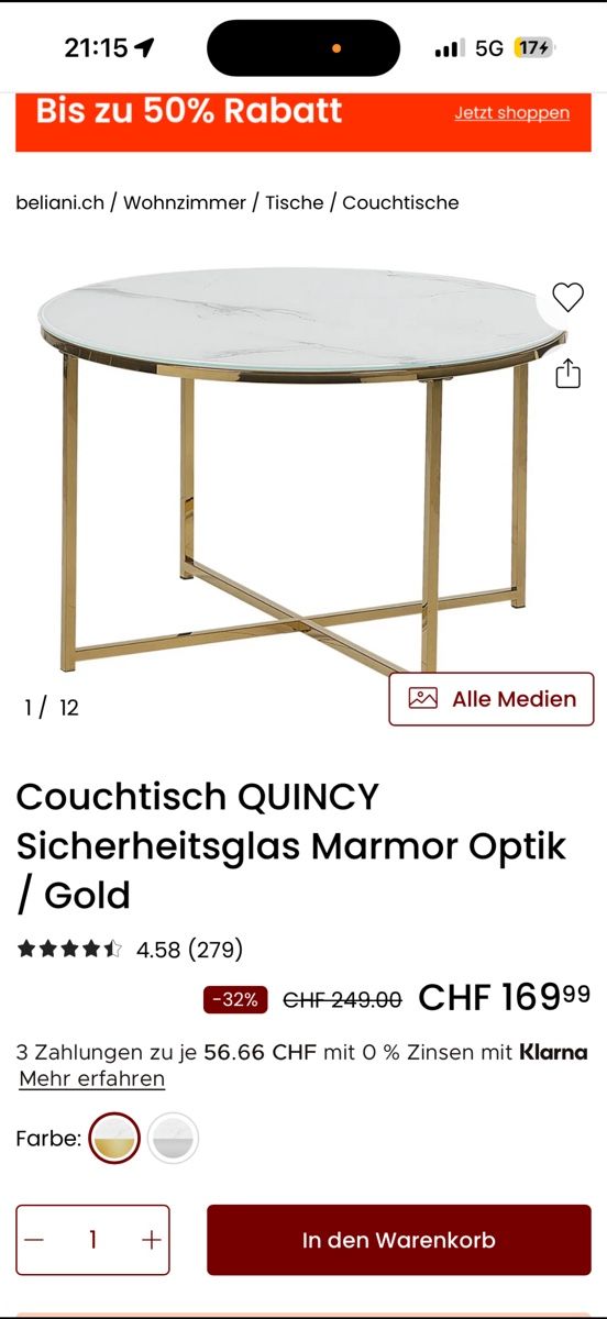 Beliani Tavoli: Couchtisch Marmor-Optik / Gold mit Sicherheitsglas – Usato da Winterthur venduto da mel_56mf 1