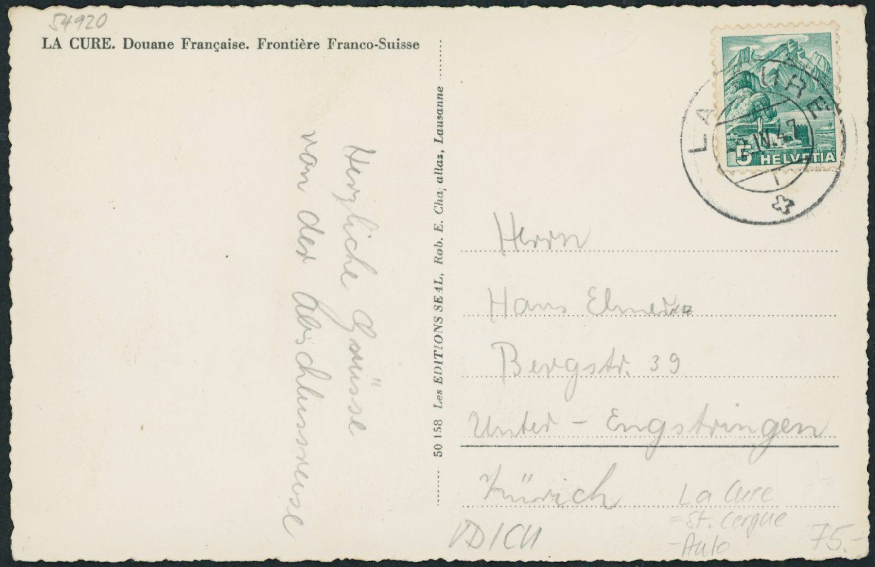 Cartoline postali: VD La Cure - Zoll - Auto - St. Cergue – Usato da Schindellegi venduto da Jonathan77 1