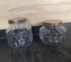 zwei NEUE, moderne Glas-Dosen mit rosagoldenem Dreh-Deckel