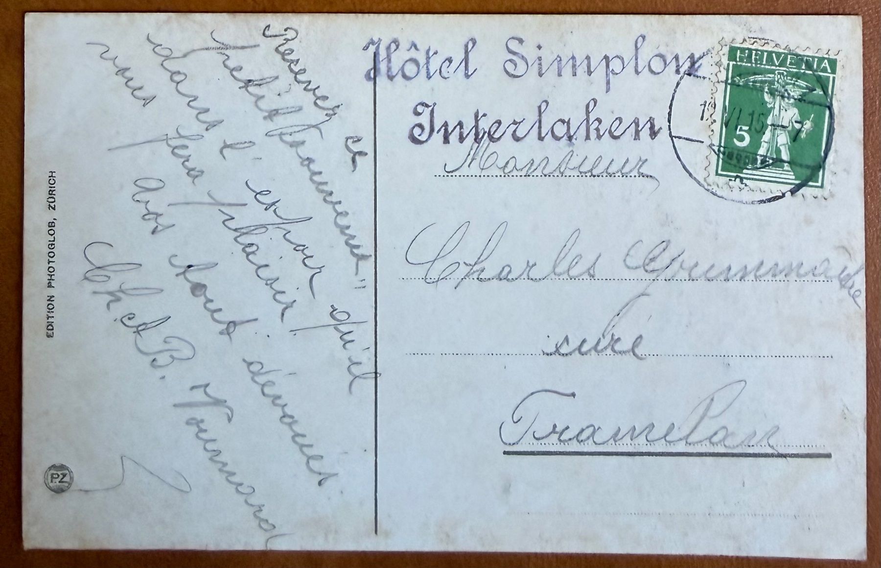 Cartoline postali: Interlaken - Hotel Simplon 1915 – Usato da Lutry venduto da Ediego 1