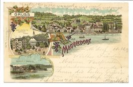 Gruss aus Männedorf ZH Zellersche Pension  uralte Litho 1898