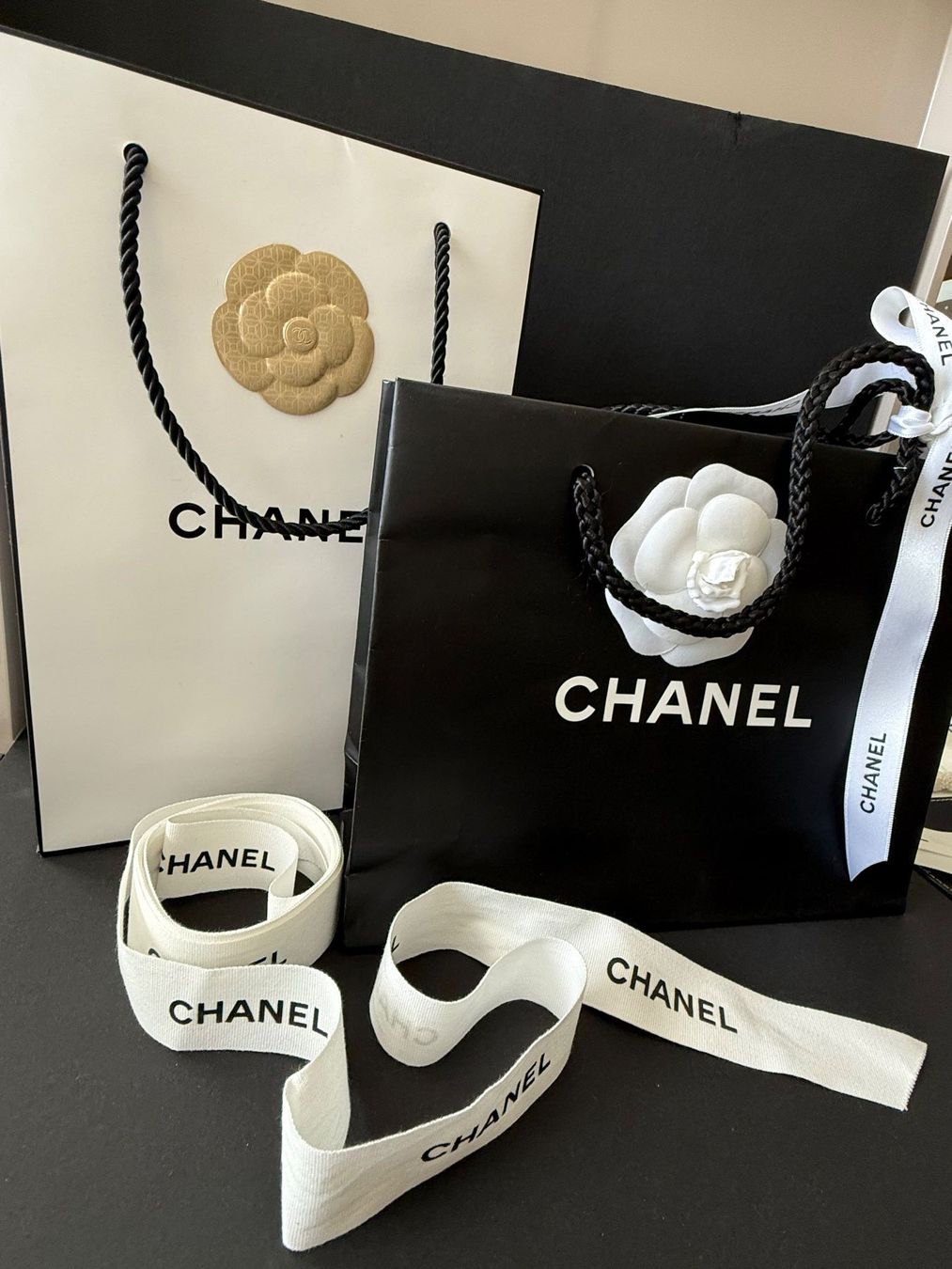 Chanel Borse: CHANEL - 2 Papiertaschen mit Kamelien und Geschenksband – Usato da St. Gallen venduto da aracne 1