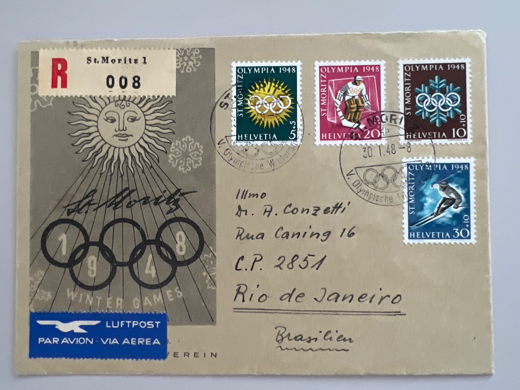 Tutti i francobolli: 1948 Winter-Olypiade St.Moritz Eings. Brief nach Rio Brasil – Usato da Buchrain venduto da wmm