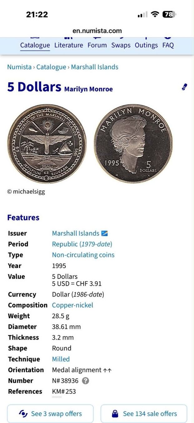 Tutti le monete: Marshall Island 5 Dollars 1995 Marilyn Monroe UNC – Nuovo (secondo la descrizione) da Zürich venduto da Tasmiyah 4