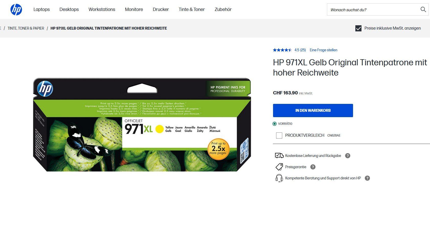 Hewlett Packard Druckerpatronen & Toner: Original HP Nr. 971XL yellow Patrone, CN628AE – Neu und originalverpackt aus Glattbrugg von copytron 1