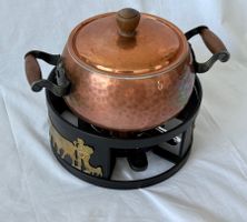 Rustikales Fondue-Set, Kupfer mit Rechaud, Kuh-Motiv