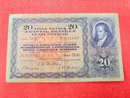 20 Franken Banknote 1949 wenig gebraucht TOP Heinrich