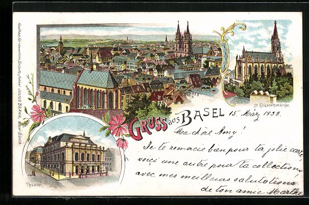 Cartoline postali: Litho Basel, Theater, St. Elisabethenkir – Usato da Berlin venduto da bartko-reher