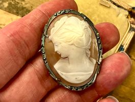 JUGENDSTIL BROSCHE/ANHÄNGER SILBER 800-ER, GEMME, MARKASITE