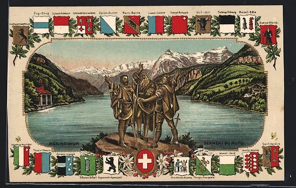 Cartoline postali: Litho Rütli, Rütlischwur mit Schweizer – Usato da Berlin venduto da bartko-reher