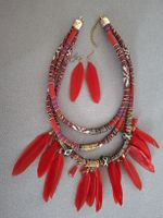 Schmuckset Halskette Ohrringe Federn rot Ethno-Style