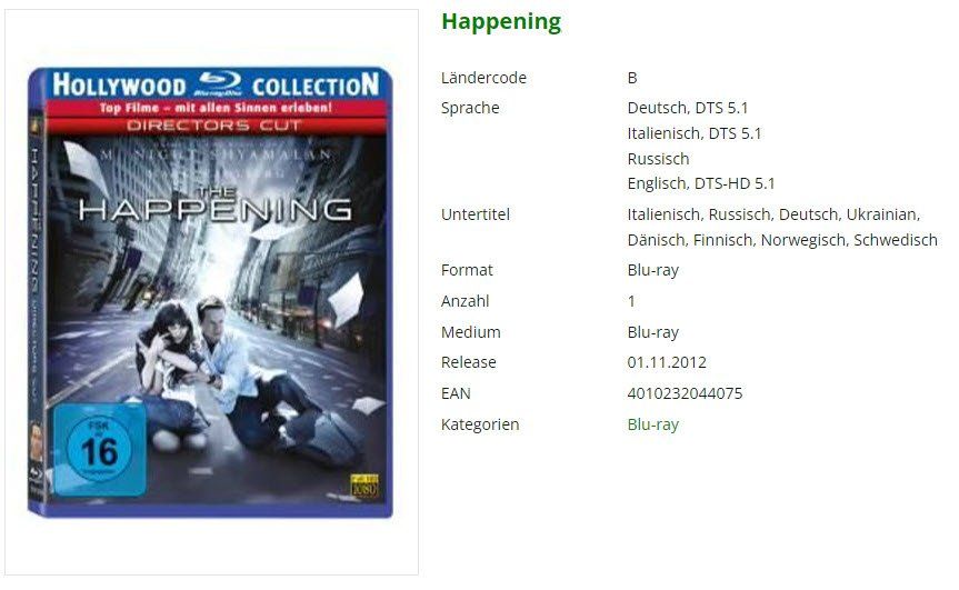 Tutti i DVDs: The Happening (Bluray) – Usato da Emmetten venduto da SVollenweider