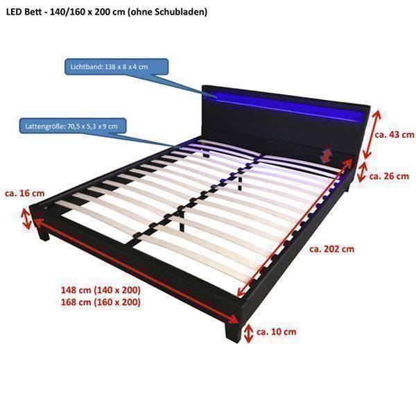 Betten: 9178 - Komfort LED Bett 140x200 - DUNKELGRAU – Neu und originalverpackt aus Wallenwil von toesstal-vertrieb 2