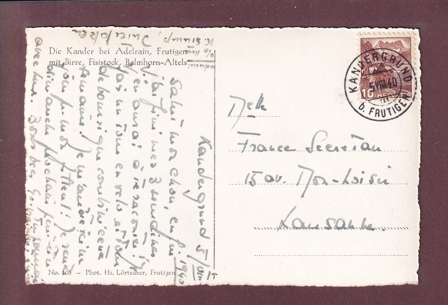 Ansichtskarten: Frutigen - Die KANDER bei ADELRAIN - 1940 – Gebraucht aus Pully von nicecards 1