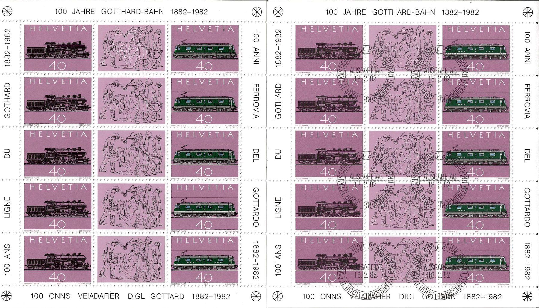 Tutti i francobolli: 2 Blocks 100 Jahre Gotthard-Bahn 1982 – Usato da Zürich venduto da Philacat11