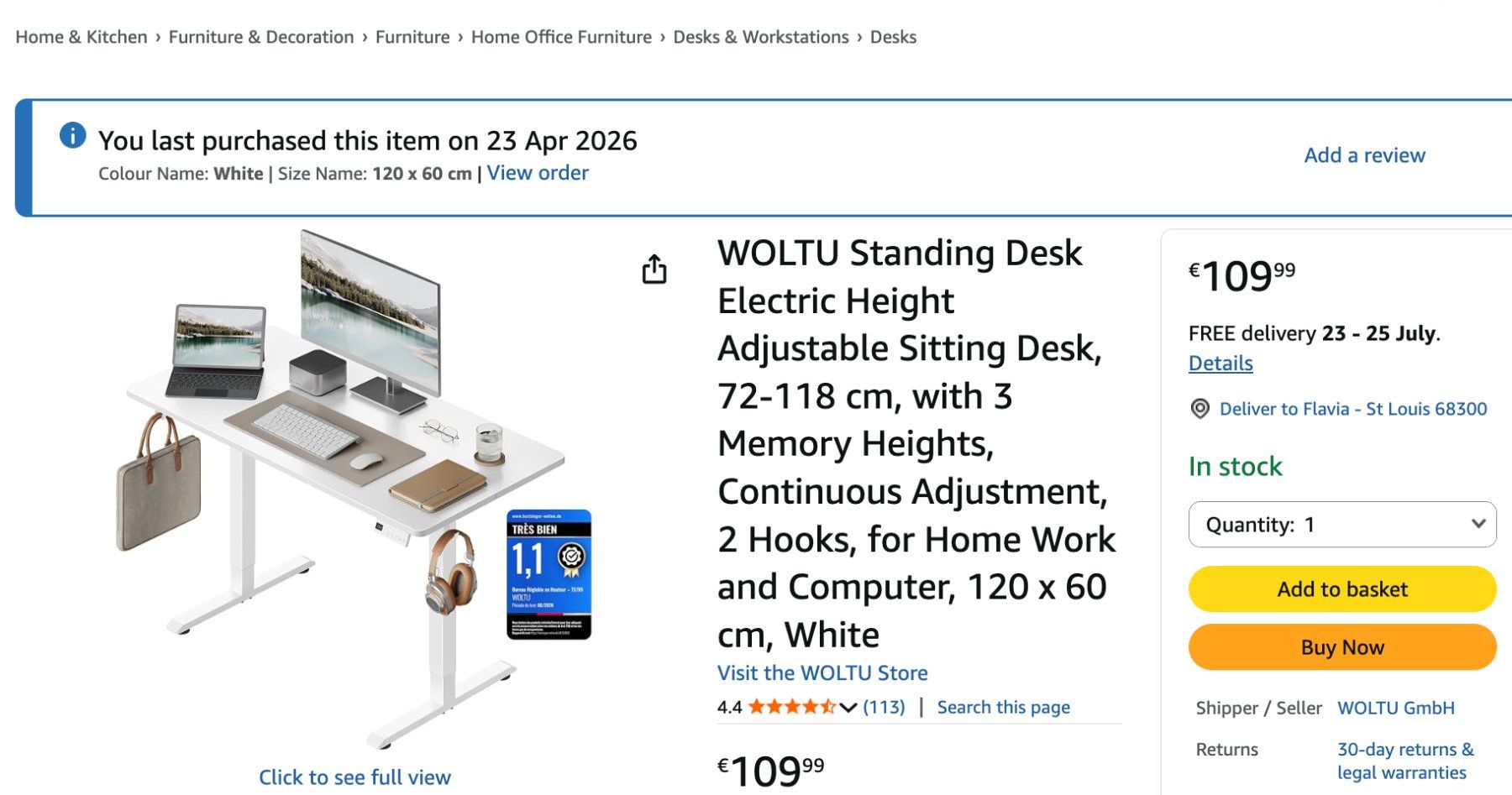 Schreibtische: Height adjustable desk (white) – Gebraucht aus Basel von fla_7flq 1