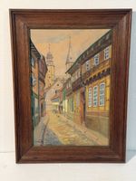 Old Town Scene Painting with Wooden Frame signed V. Heiling