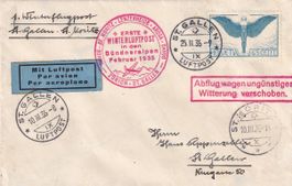 1. Winterluftpost in den Bündner Alpen 1935, seltene Etappe!
