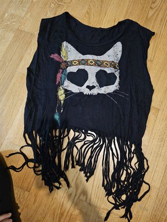 Schwarz Top Gr. S mit Katzenprint und Fransen 🐈 Boho Style