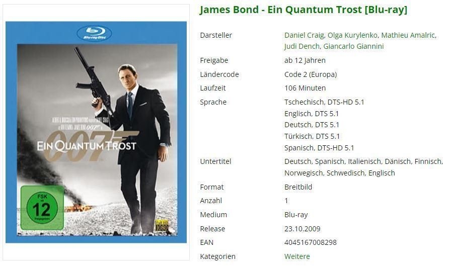 Tutti i DVDs: James Bond - Ein Quantum Trost [Blu-ray] – Usato da Buchrain venduto da Sssschaller