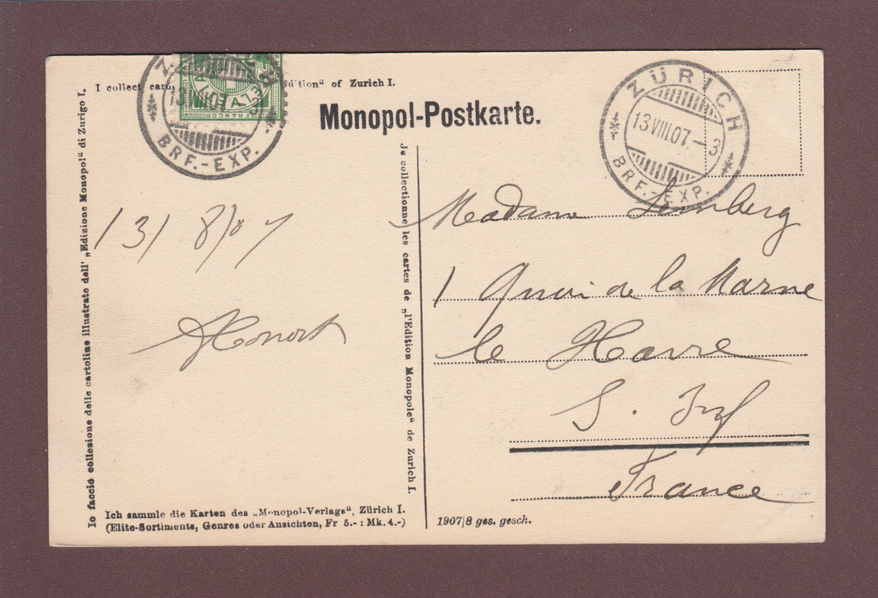 Ansichtskarten: ZÜRICH - Schipfe - 1907 – Gebraucht aus Pully von nicecards 1