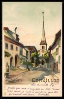 Künstler-AK Cortaillod, Straßenansicht mit Kirche