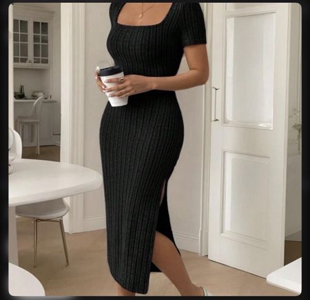 black ribbed midi dress with side slit #bodycon #eveningwear