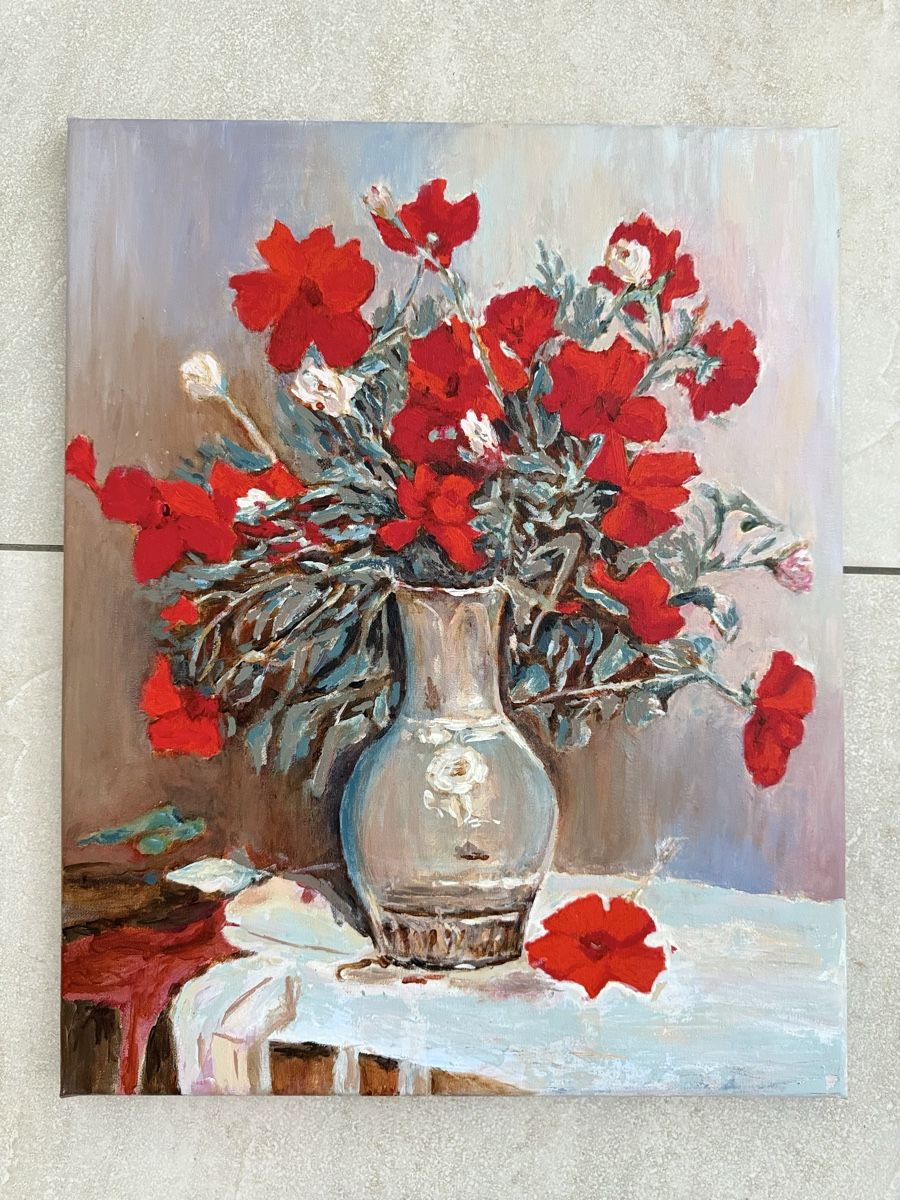 Dipinti: Gemälde auf Leinwand: Blumen in einer Vase. Handgemalt. – Nuovo e nell'imballaggio originale da Siselen BE venduto da Rolf131 1