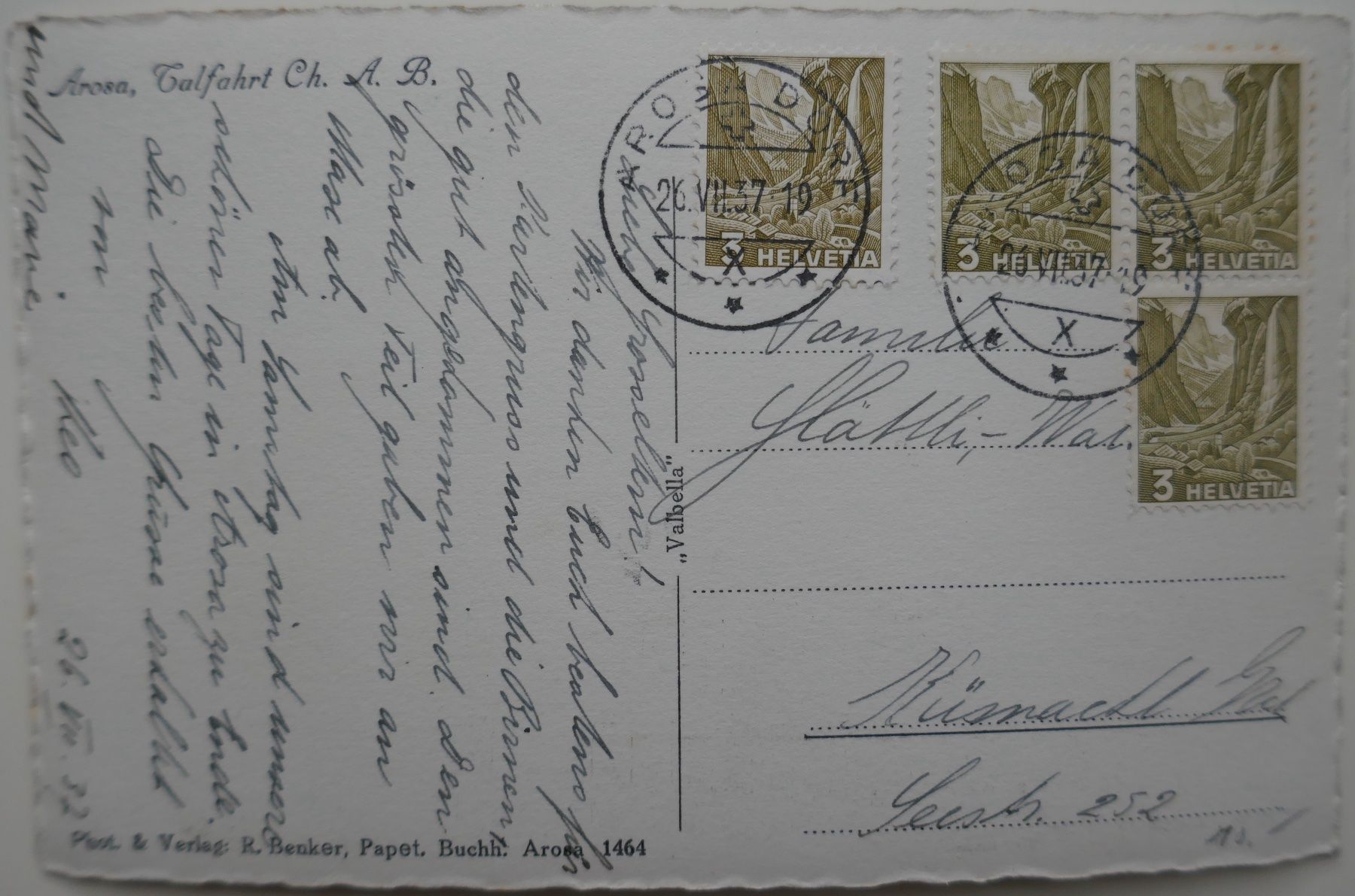 Ansichtskarten: Postkarte Arosa Talfahrt 1937 – Gebraucht aus Möhlin von PHILABARTIS 1