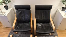 2 Sessel mit 2 Hocker Leder schwarz Holz Poäng Ikea