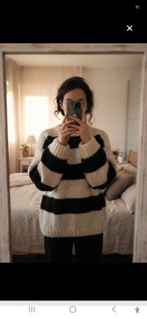 Oversize Strickpullover gestreift Schwarz-Creme