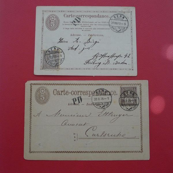 Tutti i francobolli: 1873+1875, zwei Postkarten mit gesuchtem PD-Stempel von BERN – Nuovo e nell'imballaggio originale da Sursee venduto da Luzernerraute