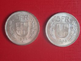5 FRANKEN SILBERMÜNZEN 1932 UND 1933 SEHR SCHÖNE EXEMPLARE