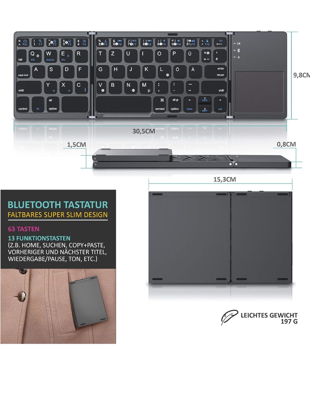 Tastiere: CSL - Bluetooth Tastatur klappbar mit Touchpad – Nuovo e nell'imballaggio originale da Winterthur venduto da Pcline1 2