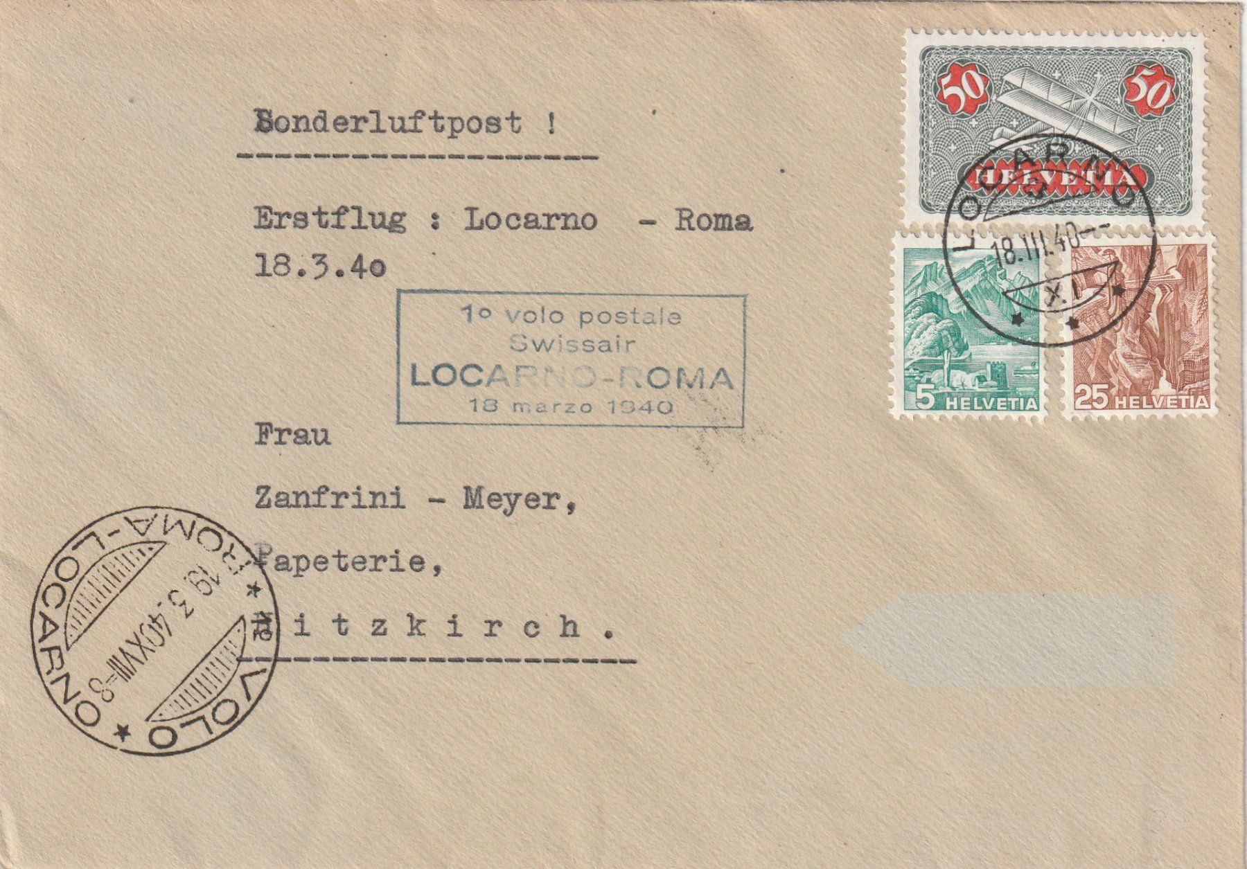 Tous les timbres: Flugpost Erstflug Locarno - Rome 1940 – D'occasion à Rorschacherberg par fratovi2