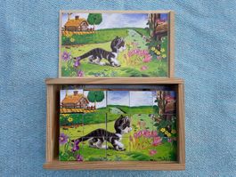 Vintage Holz Würfel Puzzle mit 6 Motiven in Holzbox
