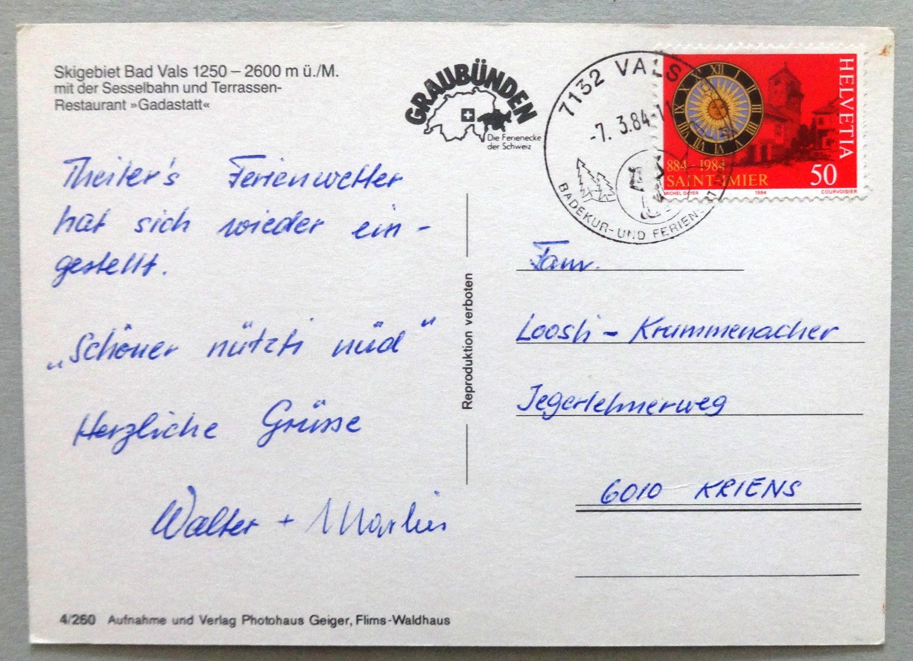 Cartes postales: Skigebiet Bad Vals – D'occasion à Fétigny par Billy2miny 1