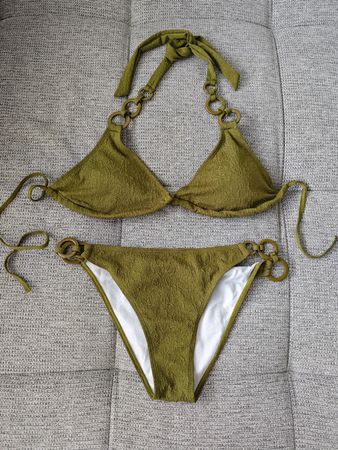 Olive Green Textured Bikini with  Ring Accents - Size M/L