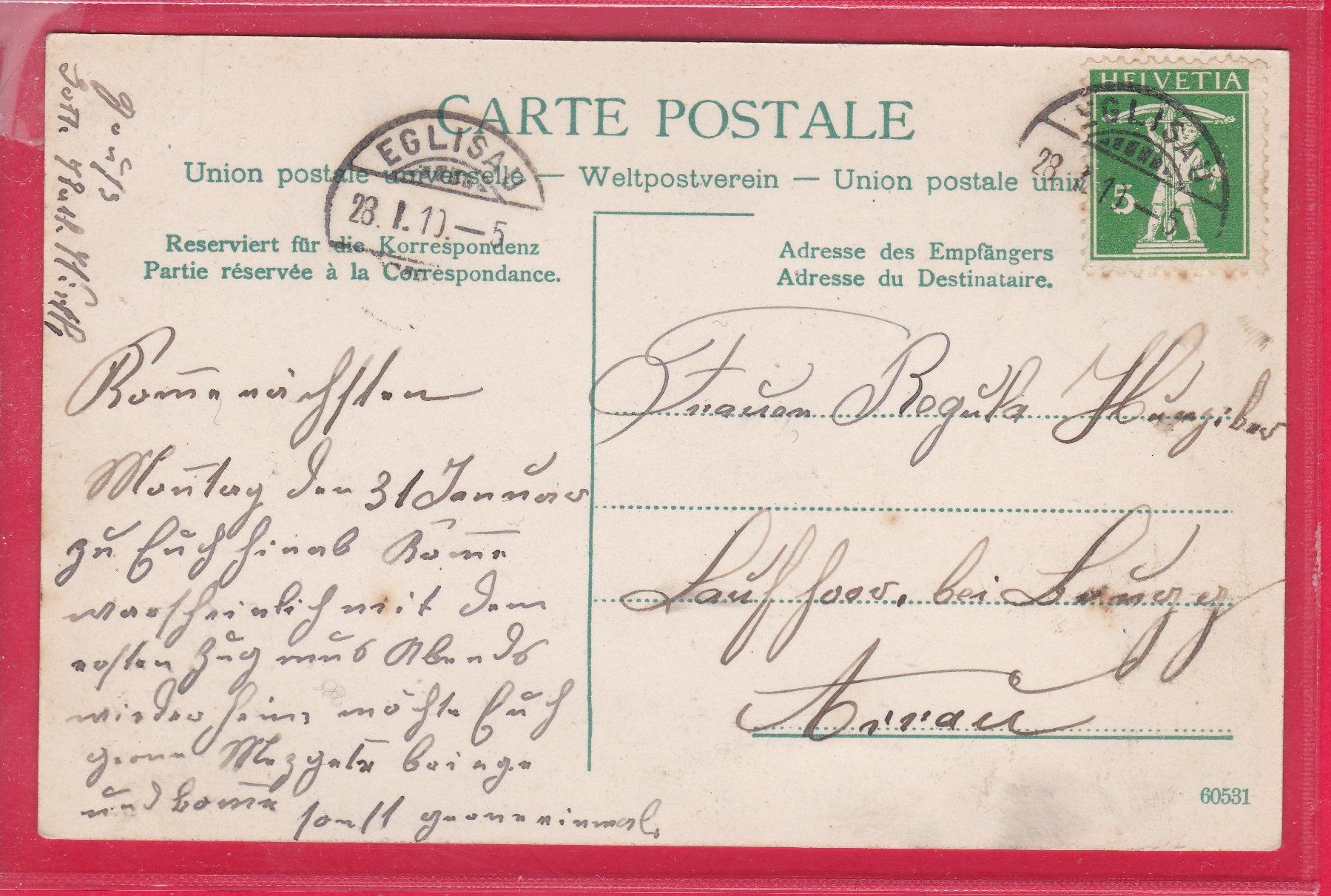 Cartoline postali: EGLISAU, 28.1.1910 – Usato da Oberrieden venduto da Gebirgsstelze 1