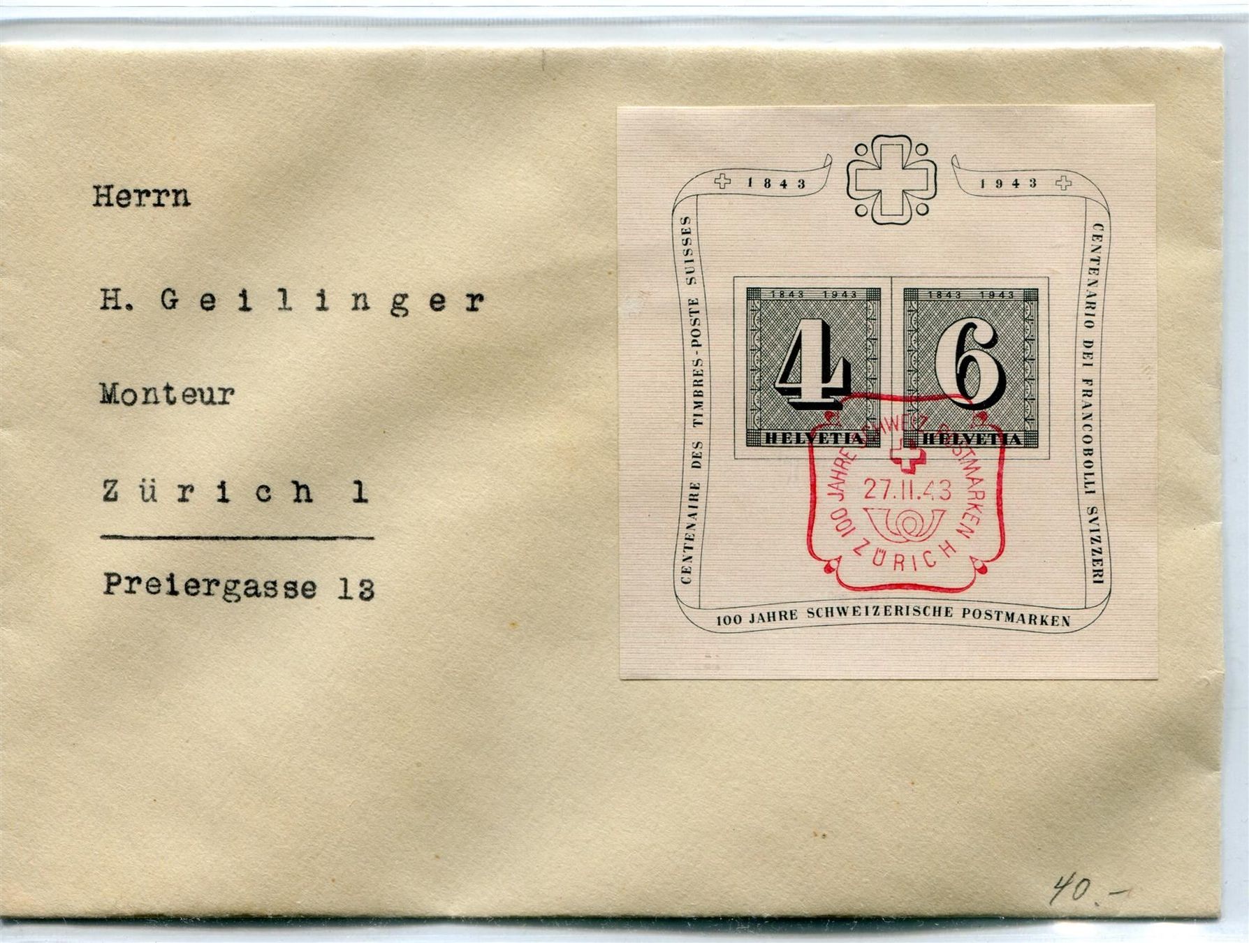 Tutti i francobolli: 1943 ZH Block klein auf Brief – Usato da Winterthur venduto da Kyoung