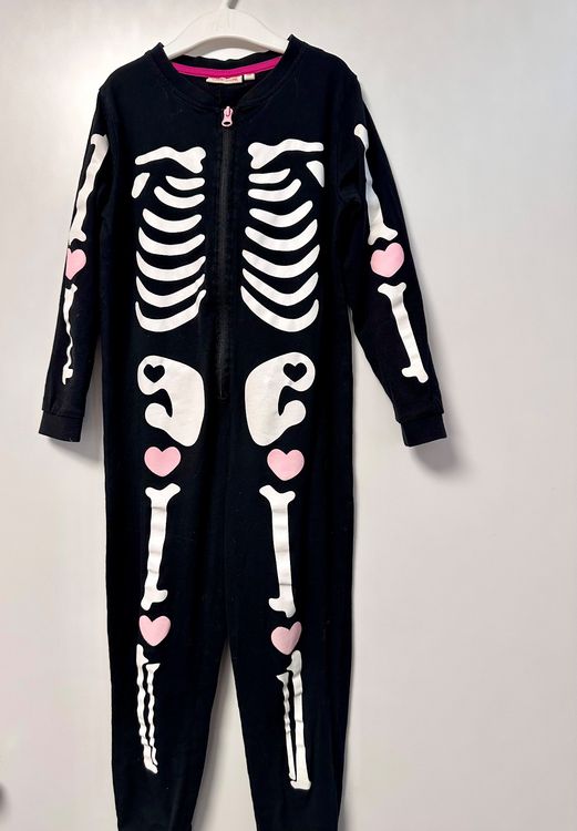 PartyXPeople Skelett Kinder Kostüm – Overall Mit Haube, Größe 116, Schwarz Mit Weißen Knochen, Für Halloween