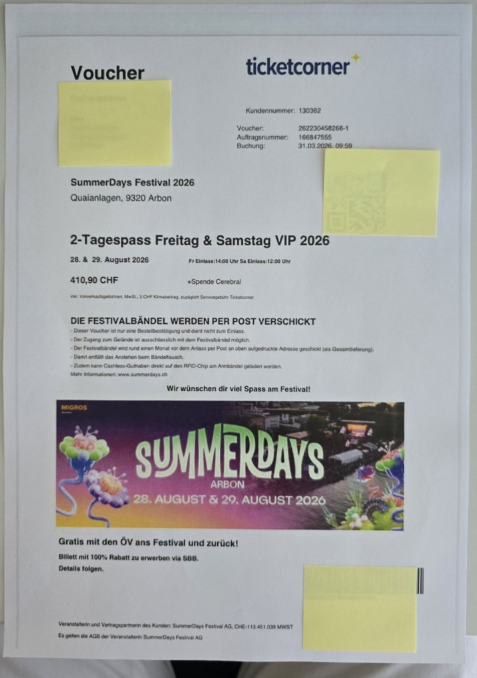Biglietti: Summerdays Arbon VIP Tickets – Nuovo e nell'imballaggio originale da Zihlschlacht venduto da foxifee 1