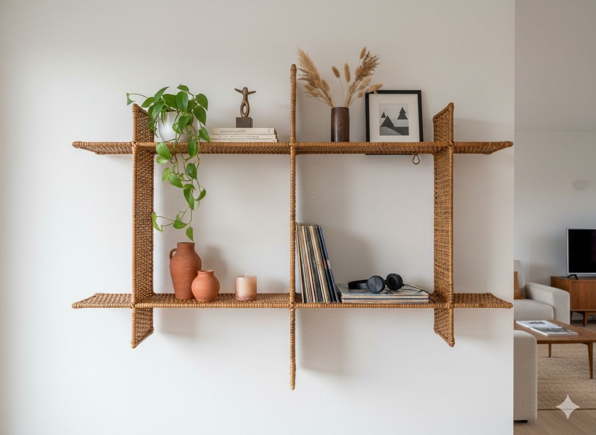 Scaffali: Vintage 70s Rattan Grid Wall Shelf - Large – Usato da Erlinsbach SO venduto da Meytalien